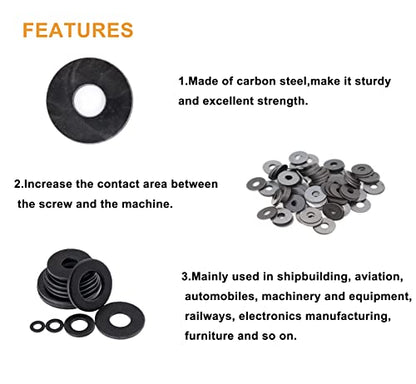 1000pcs Black Flat Washer Assortment Kit, M2 M2.5 M3 M4 M5 M6 M8 M10 M12