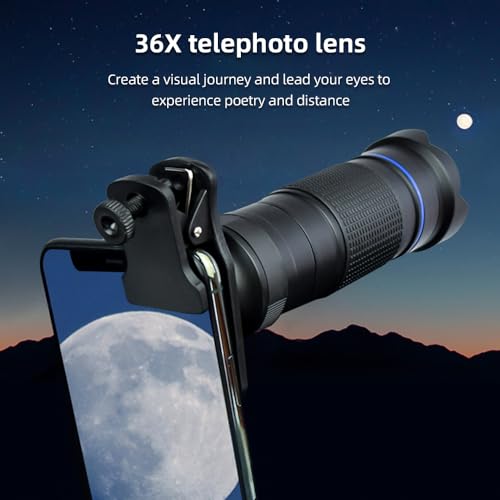 Andoer 36X Telephoto Lens Kit with Mini Tripod, Phone Clip, Holder, Lens Bag, Cleaning Cloth for Hiking, Camping, Wildlife Observation, Moon, Sports, Game, Concert Watching - color: Blue