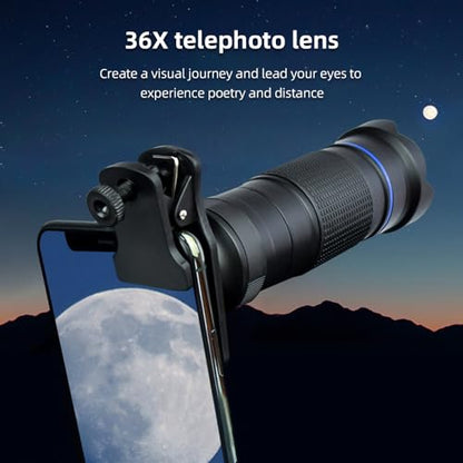 Andoer 36X Telephoto Lens Kit with Mini Tripod, Phone Clip, Holder, Lens Bag, Cleaning Cloth for Hiking, Camping, Wildlife Observation, Moon, Sports, Game, Concert Watching - color: Blue