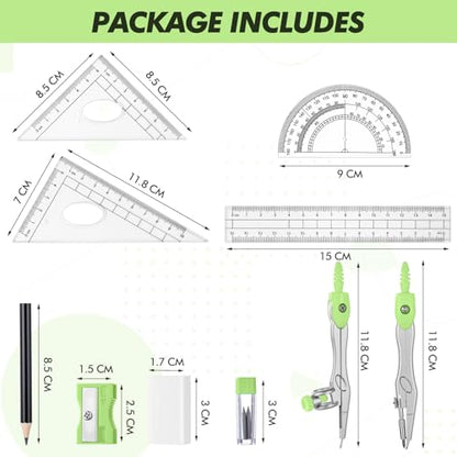 Zonon 10 Pcs Math Geometry Set for Student Compass Protractor, Green - color: Green