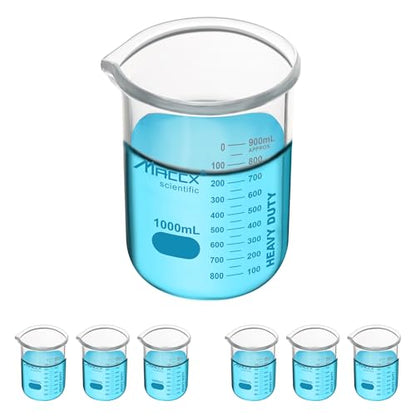 Heavy-Duty Glass Beaker, Vol. 1000ml, 3.3 Borosilicate Griffin Low Form with Printed Graduation,Pack of 6,HDBK1K0-006 - style: Vol.1000ml, Pack of 6
