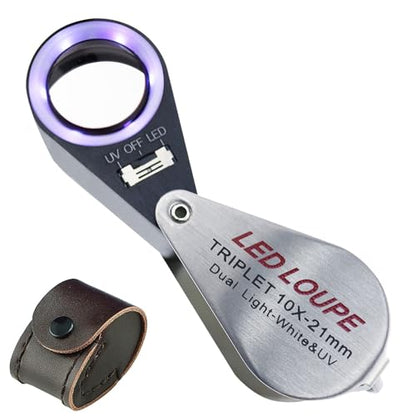 10x Foldable Pocket Magnifier Loupe with UV and LED Light for Jewelry, Rocks, Coins, and Antiques - Illuminated Magnifying Tool for Eye, Stamps, Watches, Hobbies, and Gems - color: 10x Magnification