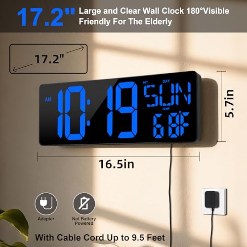 17.2"Large Digital Wall Clock Large Display with Remote Control 180°Visible - color: Blue