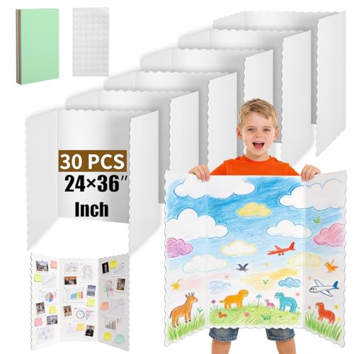 30 Pack 24" x 36" White Trifold Poster Board Bulk, Corrugated Foldable Tri-fold Display Board for Science Fair, School Projects, Presentations, Art, Business & Classroom Supplies - size: 24"x36"--30Pcs