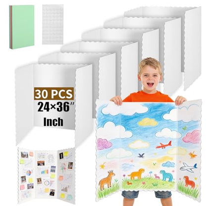 30 Pack 24" x 36" White Trifold Poster Board Bulk, Corrugated Foldable Tri-fold Display Board for Science Fair, School Projects, Presentations, Art, Business & Classroom Supplies - size: 24"x36"--30Pcs