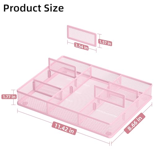 Marbrasse Desk Drawer Organizer, Metal Mesh Drawer Organizer Tray with 5 Adjustable Compartments,Desk Organizers and Accessories for Home,Office,Kitchen,Makeup,Vanity (Pink,2Pack) - color: 2Pack Pink
