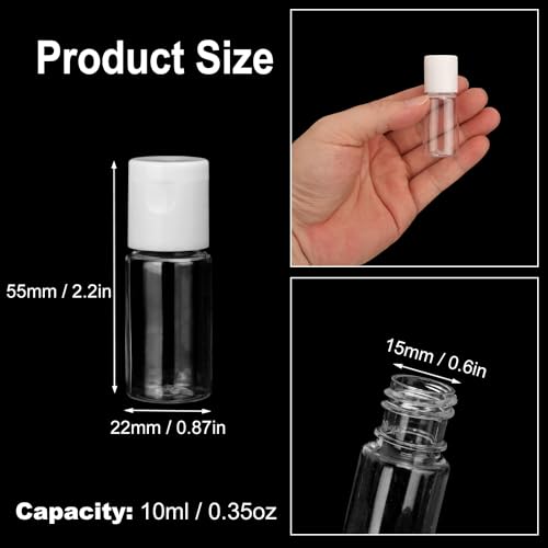 200 Pack 0.35 oz Plastic Bottles with Top Caps, Clear Empty 10 ml Flip Top Cosmetic Bottles for Lotion and Shampoo, Travel-Friendly, BPA-Free - size: 200 Pack 0.35 oz