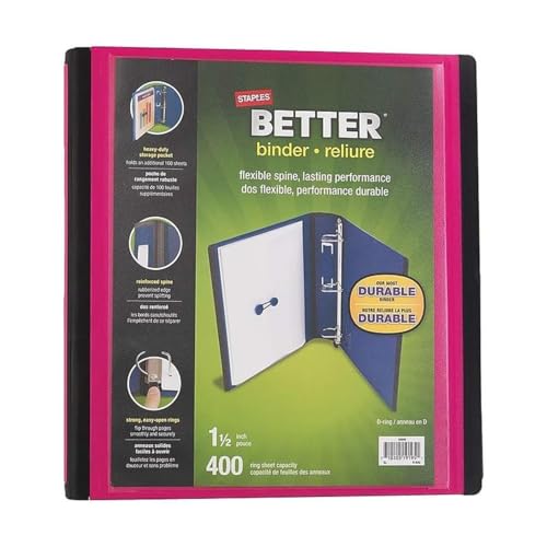 Staples Better 1.5-Inch 3-Ring Binder, Pink, Heavy-Duty - color: Pink, size: 1.5-Inch