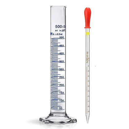 Thick Glass Graduated Cylinder Measuring Liquid Lab Hexagon Base Cylinders Come with Glass Dropper (Glass, 500ML) - size: 500ml