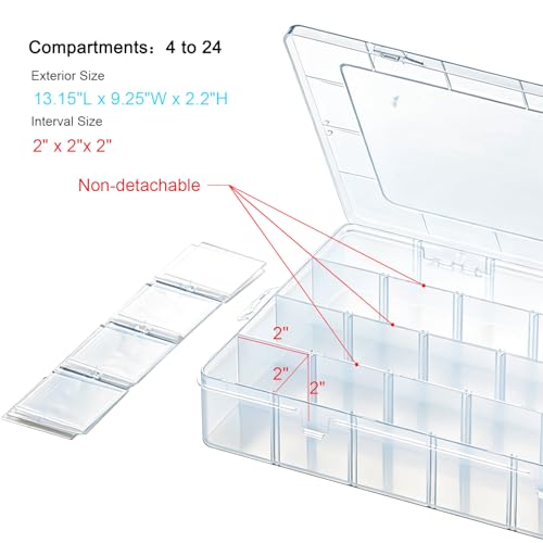 Vidifor Large 24 Grids Plastic Storage Container, Washi Tape Storage, Minifigure storage, Craft Storage, Fishing Tackle Boxes, Parts Storage Box with Dividers (1, Large)