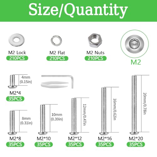 840PCS Metric Bolt and Nut Assortment Kit - M2 Machine Screws with Lock & Flat Washers, 304 Stainless Steel Hex Socket Button Head Silver Screw Set for Hardware, 3D Printer, and DIY Projects - color: Silver Size: 840Pcs