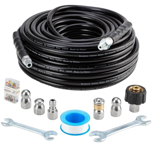 Sewer Jetter Kit 100FT for Pressure Washer, Pressure Washer Drain Jetter with 5800PSI Cleaner Hose 1/4 Inch NPT, Corner, Rotating & Button Nose Sewer Jetting Nozzle Spanner Waterproof Tape Pearl Pin