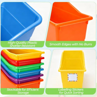 12 Pack Book Bins for Classroom Stackable Plastic Storage with Labels - color: Rainbow