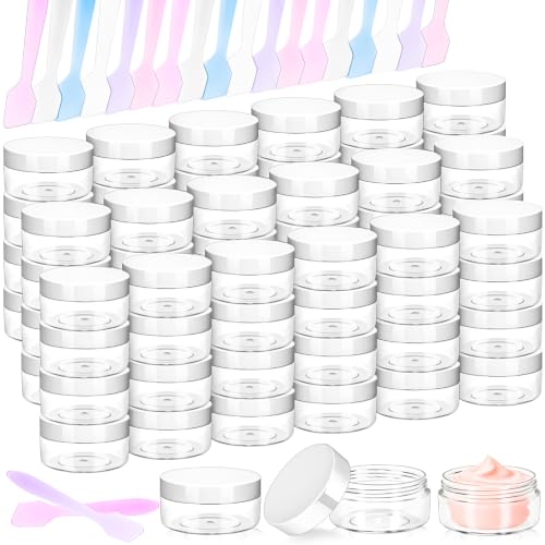 48PCS 10g Empty Clear Containers with Lids,Refillable Makeup Sample Containers, Small Sample Pot Jars Travel Makeup Container with Mini Spatulas for Liquid Powder Creams Lotions,White Lid - color: White, size: 10g