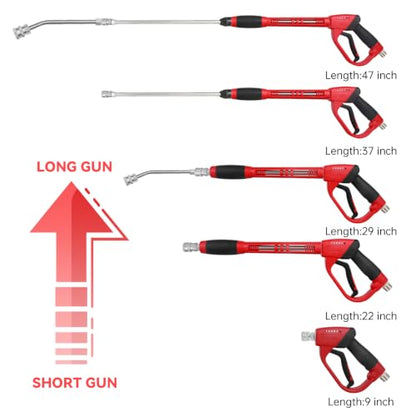 Upgraded Pressure Washer Gun with Extension Replacement Wand, M22 Fitting,7 Inch 30 Degree Curved Rod, 5 Nozzle Tips, 5000 PSI, 47 Inch - color: black and red