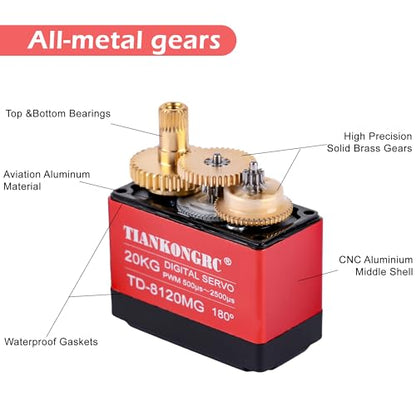 20kg Digital Servo Motor Waterproof High Torque Full Metal Gear RC Servo for 1/8 1/10 RC Car Model DIY, TD-8120 (20KG 180°)