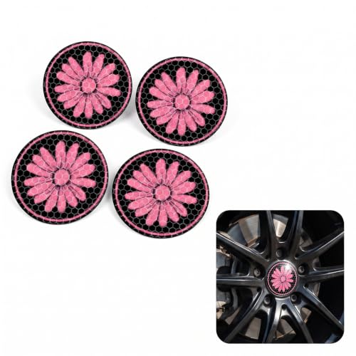 4 PCS Reflective Daisy Car Wheel Center Cap Stickers, 3D Domed Honeycomb Pattern Hub Cap Decals, Decorative Auto Tuning Emblems for Car Wheel Rims, Universal for Vehicle Wheel Hubs (Pink) - color: Pink