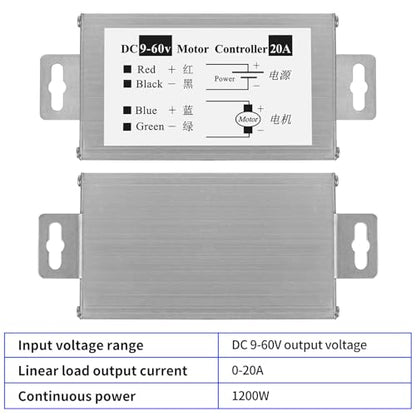 PWM DC Motor Speed Controller 9V-60V, 20A Brush Motor Driver Controls Module 12V 24V 36V 48V 60V, DC Speed Regulator Pulse Width Motor Driver 1200W PWM Monitor Dimmer Governor with Switch Knob