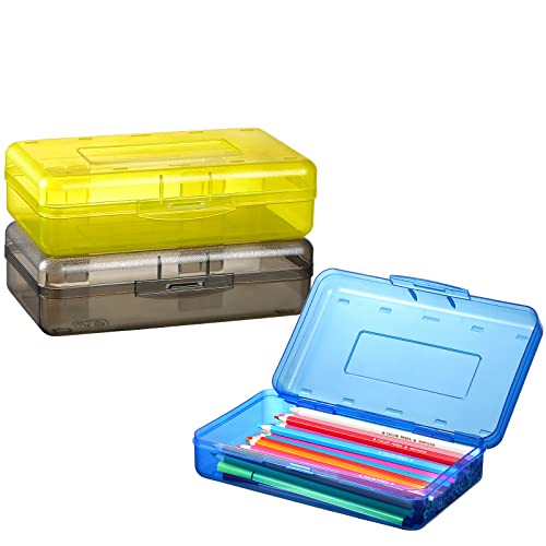 Sooez 3 Pack Pencil Case, Large Hard Pencil Box Bulk, Clear Crayon Box - color: Navy blue,Yellow,Dark gray, size: 3 Pack