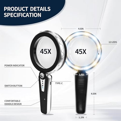 45X Magnifying Glass with Light, Rechargeable LED Magnifier for Reading - color: Black