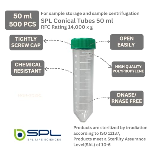 SPL 50ml Conical Centrifuge Tube Polypropylene Screw Cap, Sterile Non - pyrogenic, Non - cytotoxic, DNase/RNase - Free, Resealable Bags (500 Tubes) - size: 500 Tubes