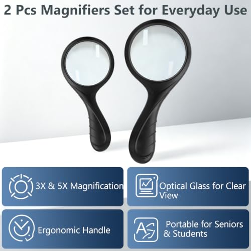 2 PCS Handheld Magnifying Glass Set, 3X & 5X Optical Glass Magnifier