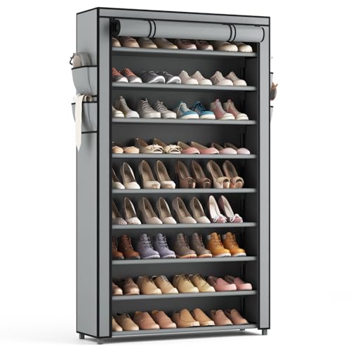 LANTEFUL Shoe Rack with Covers 10 Tier Tall Shoe Rack Organizer Large Capacity Shoe Shelf Storage 40 Pairs Space Saving Free Standing Shoe Storage Organizer for Closet, Entryway, Dorm, Grey - color: Grey, size: 10 Tier - 33.8"W