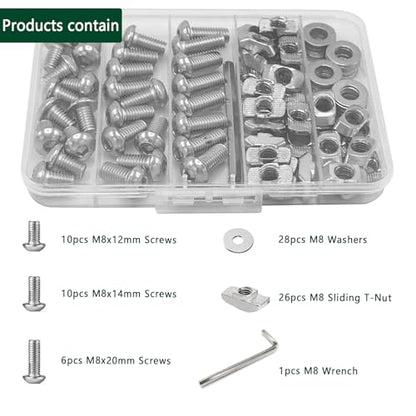 80 pcs M8 T Nut Screws Kit for 4040 4080 Aluminum Extrusion, 26 pcs Silver M8x12/16/20mm Hexagon Socket Stainless Steel Screws and 26 M8 Drop in T-Nuts, 28 Washers with Hex Wrench - style: 80pcs 40 Series Screws Kit Silver