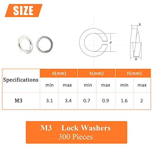 HELIFOUNER 300 Pieces M3 Stainless Steel Split Lock Washers, 304 Stainless Steel Spring Lock Washers for Screws Bolts, Silver - color: Silver, size: M3 (300 PCS)