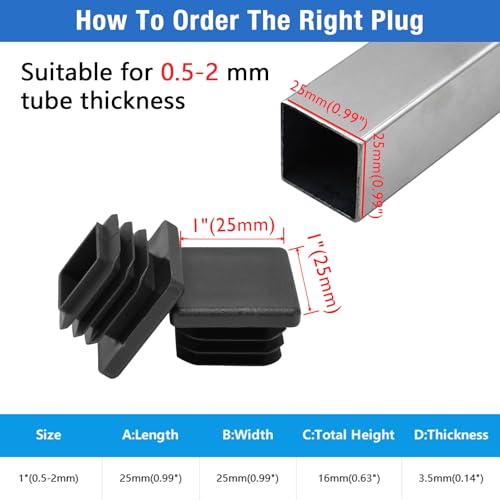 16 Pack 1"x 1" Black Square Tube End Cap Plastic Plugs - color: Black, size: 1" - 16 pcs