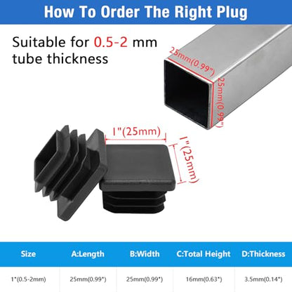 16 Pack 1"x 1" Black Square Tube End Cap Plastic Plugs - color: Black, size: 1" - 16 pcs