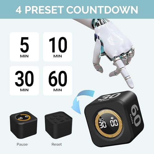 KADAMS Pomodoro Timer – Visual Cube with 5/10/30/60 Min Presets, LED Countdown Ring & Count Up Mode, Silent Flip Productivity Timer for Study, Classroom, Office, Cooking - color: Black 5-10-30-60 Min