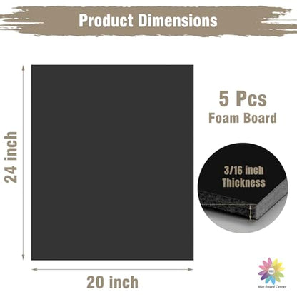 Mat Board Center 20x24 Black Foam Boards Pack of 5, 3/16" Thick - color: Black, size: 20x24