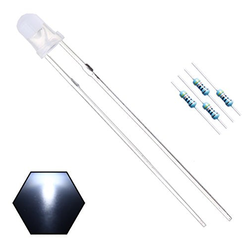 100pcs 3mm White Lights LED Diodes (White Lens) Diffused Round Lens 29mm Long Lead (DC 3V) +100pcs Resistors (for DC 6-12V) Included,Bulb Lamps Light Emitting Diode - color: [02] White / 100pcs, style: 3mm Constant Light