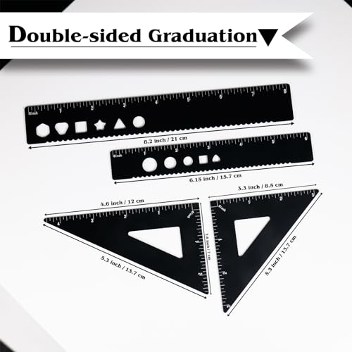 5 Pcs Metal Geometry Set, Math Drafting Ruler Kit- Aluminum Triangle Rulers, Protractor, 8 Inch and 6 Inch Drawing Ruler, Measuring Tool for School and Office (Metric and Imperial, Black) - color: Black