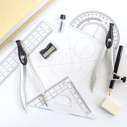 SAYEEC Geometry Set, 10 Pcs Math Protractor Compasses Kit with Ruler, Triangles, Eraser, Sharpener, Lead Refills, Pencil, Storage Box, Drafting Drawing Tools for Architects Engineers Artists