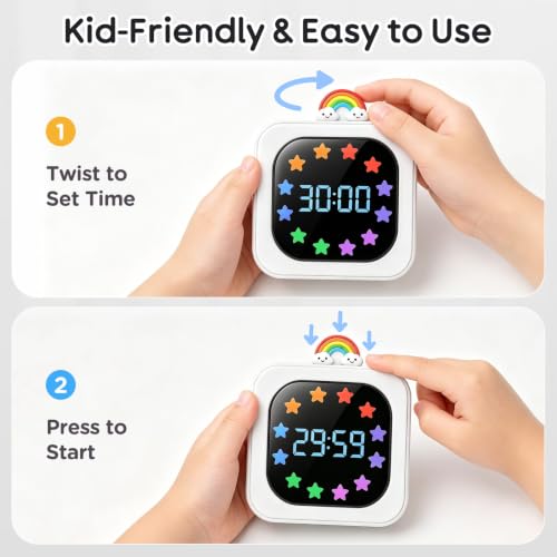Digital Visual Timer for Kids, Rechargeable 99-Minute Countdown with 12-Star Rainbow LED Display, 9 Color Modes, Silent Mode & Pause, Timer for Classroom, Home & Kitchen - color: White