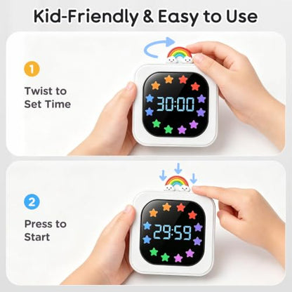 Digital Visual Timer for Kids, Rechargeable 99-Minute Countdown with 12-Star Rainbow LED Display, 9 Color Modes, Silent Mode & Pause, Timer for Classroom, Home & Kitchen - color: White