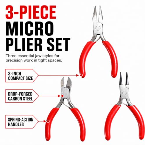 ToolUSA 3 Piece Micro Plier Set | 3-Piece Precision Tool Kit | Ergonomic Design | Ideal for Jewelry, Crafting & Watch Repairs