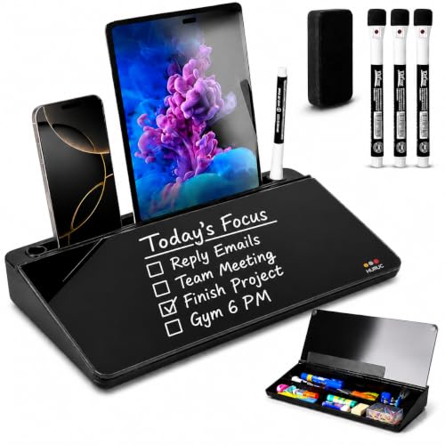 HURUC Desk Buddy Glass Desktop Whiteboard – Desk Board Buddy Hidden Storage - color: Black