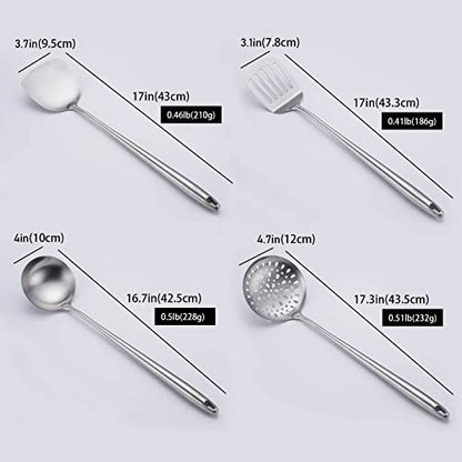 17″ Wok Utensils - Wok Spatula and Ladle, Skimmer Spoon, Slotted Spatula - color: 4-Pieces