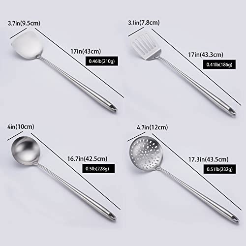 17″ Wok Utensils - Wok Spatula and Ladle, Skimmer Spoon, Slotted Spatula - color: 4-Pieces