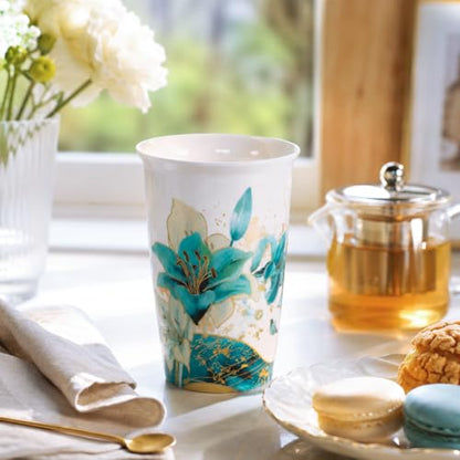 Harmoleaf Tea Gift Set for Women, 6 Loose Leaf Tea Blends with Blue Lily Insulated Ceramic Cup, Stainless Steel Infuser, Lid and Gold Spoon, Birthday, Mother's Day, Anniversary, Retirement Gift for Her - color: Blue Lily