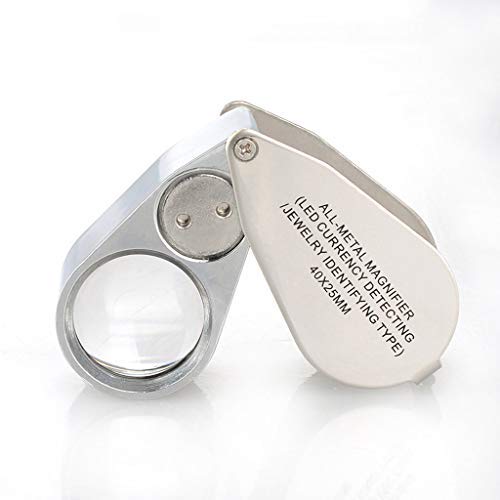 40X 25mm Illuminated Jewelry LED UV Lens Loupe Magnifier with All Metal Construction Folding Jewelers Magnifying Glass with Protective Case for Currency Detecting Jewelry Identifying