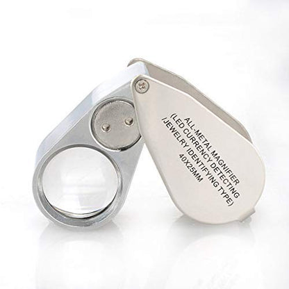 40X 25mm Illuminated Jewelry LED UV Lens Loupe Magnifier with All Metal Construction Folding Jewelers Magnifying Glass with Protective Case for Currency Detecting Jewelry Identifying