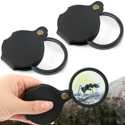 2pcs 20X Small Pocket Magnify Glass with Rotating Protective PU Leather Sheath, Mini Folding Pocket Magnifier for Seniors or Students Reading, Exploring, Science, Coin, Inspection or Jewelry(Black)