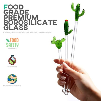 Homestia 3 Pieces Glass Swizzle Sticks with Cactus Decor, Drink Stirrers - color: 3 PCS + 6" / 6.8" / 7.7" + Glass Cactus Stirrer Set