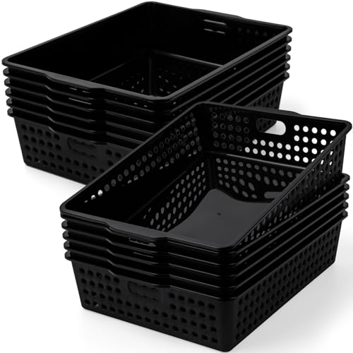 12 Pcs Plastic Storage Baskets Bulk 14 x 10 In Stackable Storage Bin with Handles A4 Size Desktop File Letter Organizer Tray Multi-purpose Container for Shelve Desktop Classroom Office Home Playroom - color: Black