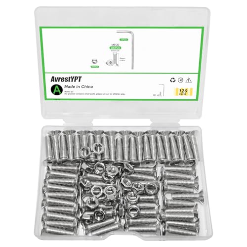 120Pcs M5x20mm Stainless Steel Flat Head Socket Cap Screws, Full Thread Allen Drive Countersunk Bolts, Bright Finish, Ideal for DIY & Home Repair - size: M5x20