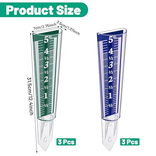 6 Pcs Rain Gauge Outdoor, 5 Inch Capacity Plastic Easy to Read Rain Gauges Measure and Monitor Precipitation Magnifying Scale and Numbers for Garden Yard Field Lawn (Blue, Green)